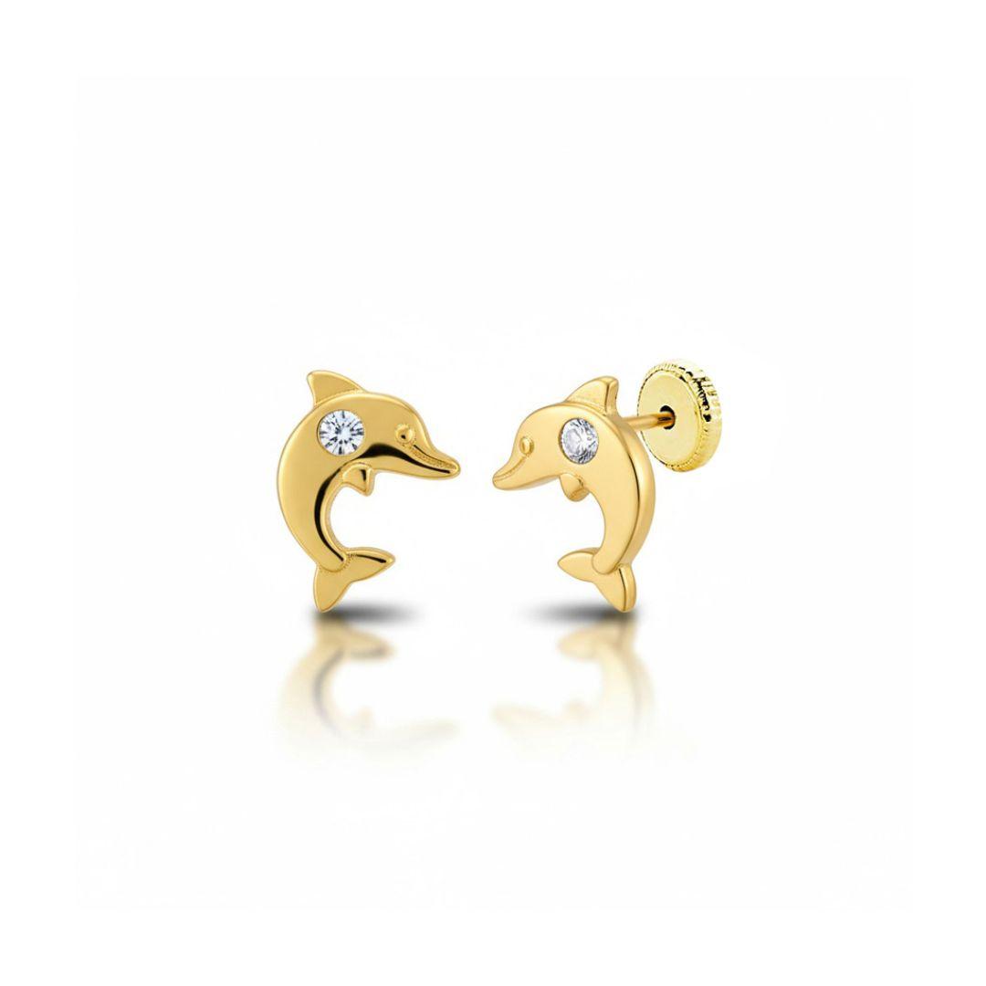 Pendientes Delfín Oro 18K con Circonita 5,5x7 mm – Cierre de Rosca