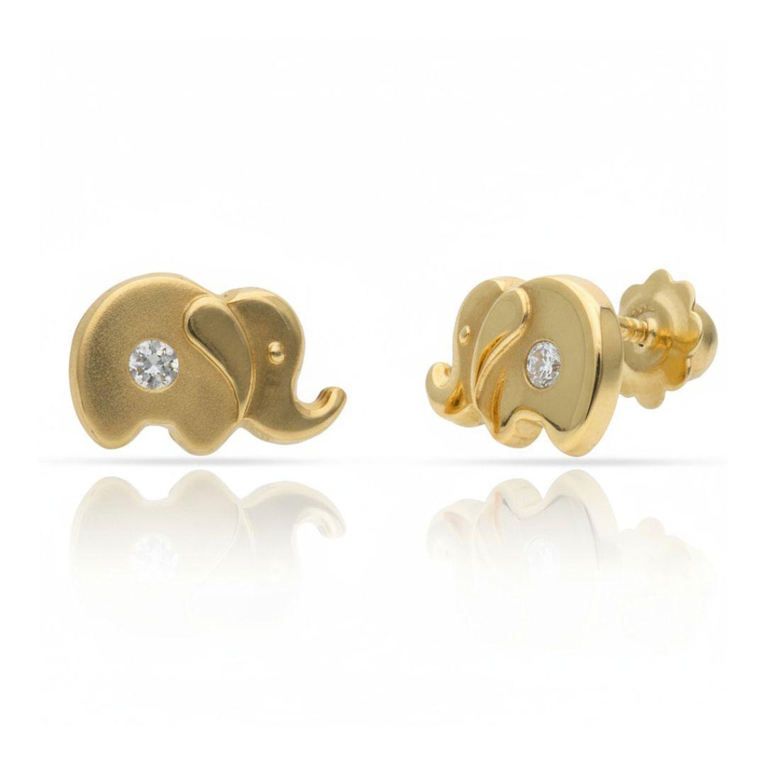 Pendientes Elefante Oro 18K con Circonita 10x6 mm – Cierre de Rosca