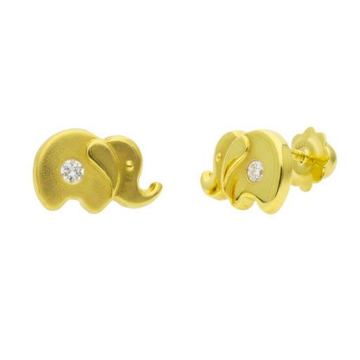 Pendientes Elefante Oro 18K con Circonita 10x6 mm – Cierre de Rosca