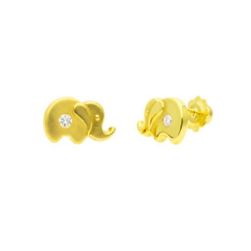Pendientes Elefante Oro 18K con Circonita 7x4,5 mm – Cierre de Rosca para Recién Nacida