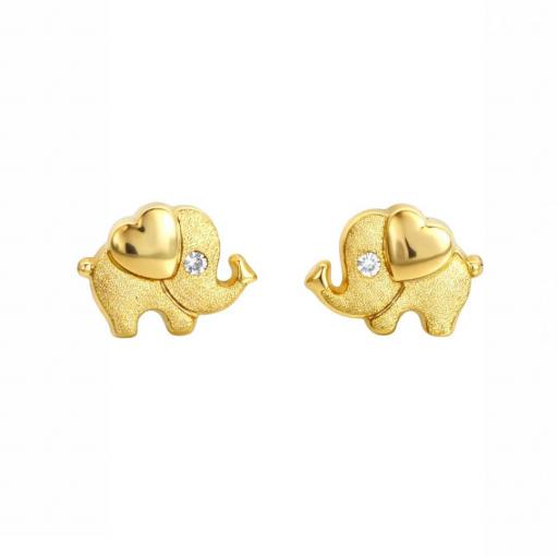 Pendientes Elefante Satinado Oro 18K con Circonita 8x6 mm – Cierre de Rosca