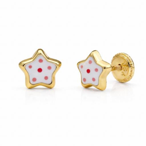 Pendientes Estrella/Flor Esmaltada Oro 18K con Rosca - Su primer brillo lleno de ternura
