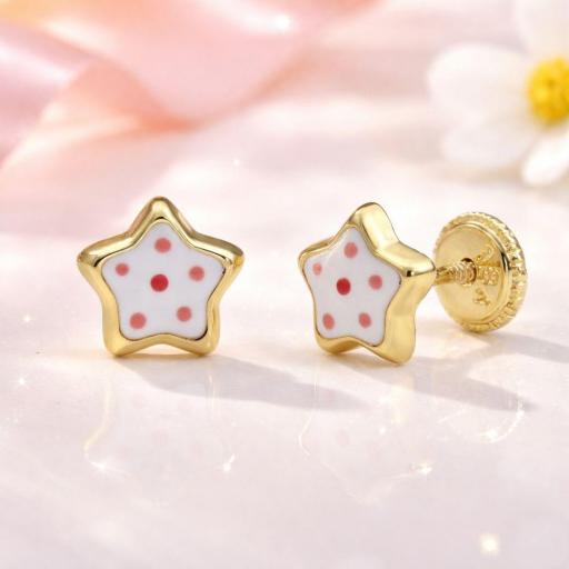 Pendientes Estrella/Flor Esmaltada Oro 18K con Rosca - Su primer brillo lleno de ternura [2]