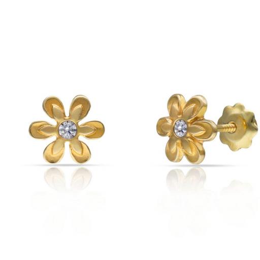 Pendientes Flor Niña Oro 18K con Circonita – Cierre de Rosca