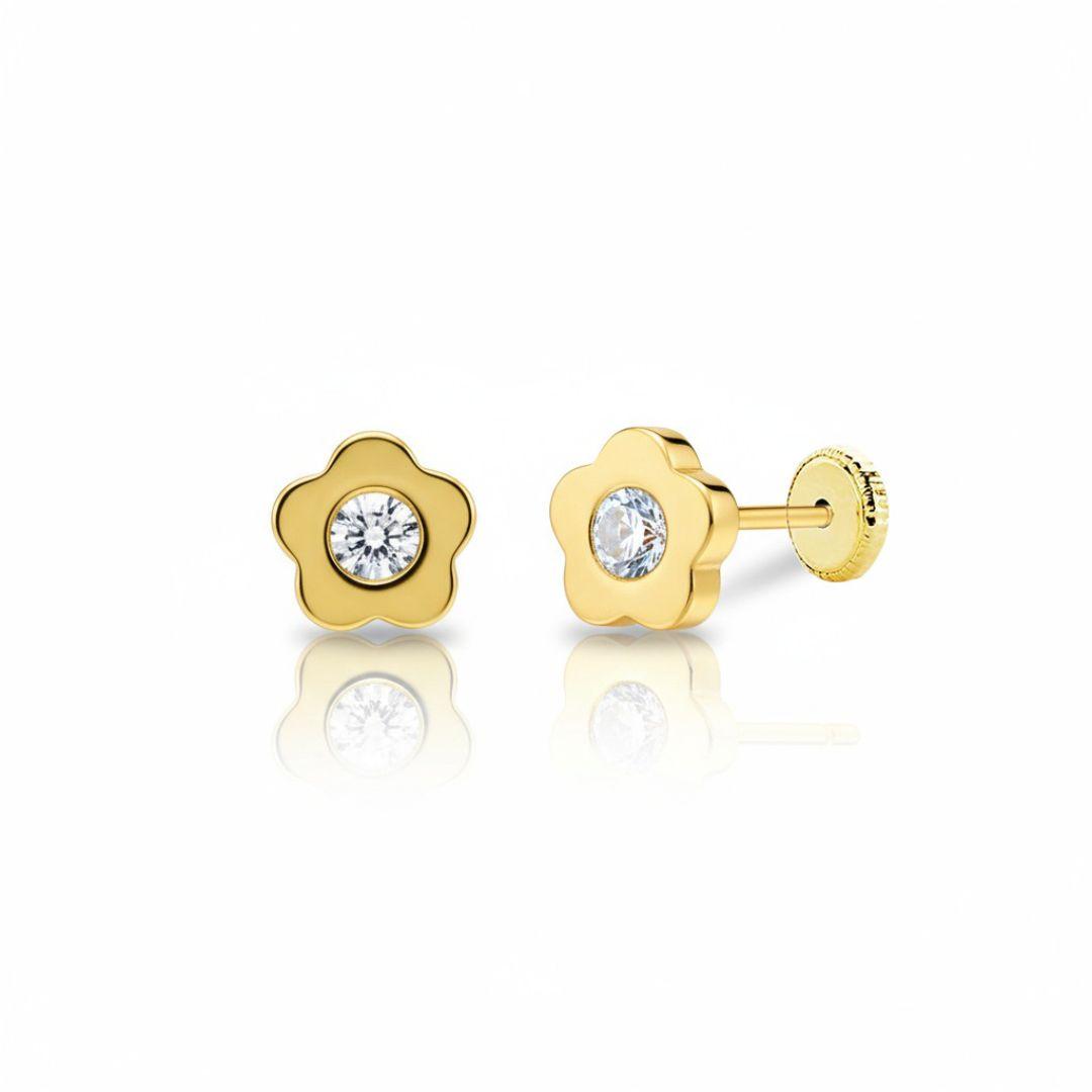 Pendientes Flor Oro 18K con Circonita y Rosca para Niña