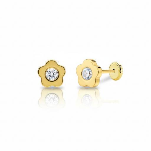 Pendientes Flor Oro 18K con Circonita y Rosca para Niña