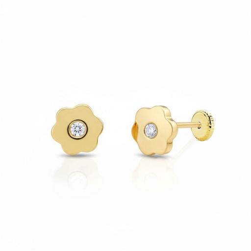 Pendientes Flor Oro 18K con Circonita y Rosca para Niña [1]