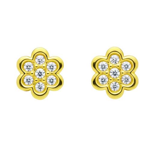 Pendientes Flor Oro 18K con Circonitas Cierre Rosca