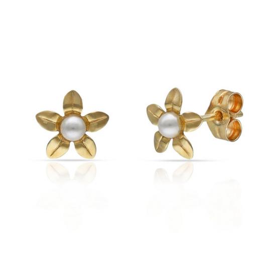 Pendientes Flor Oro 18K con Perla 7 mm – Cierre de Rosca