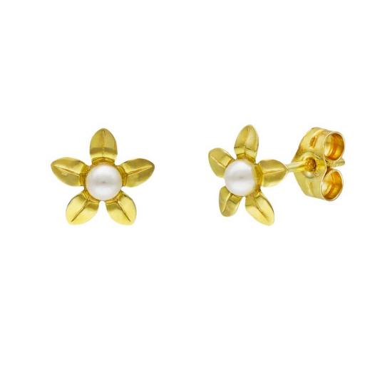Pendientes Flor Oro 18K con Perla 7 mm – Cierre de Rosca