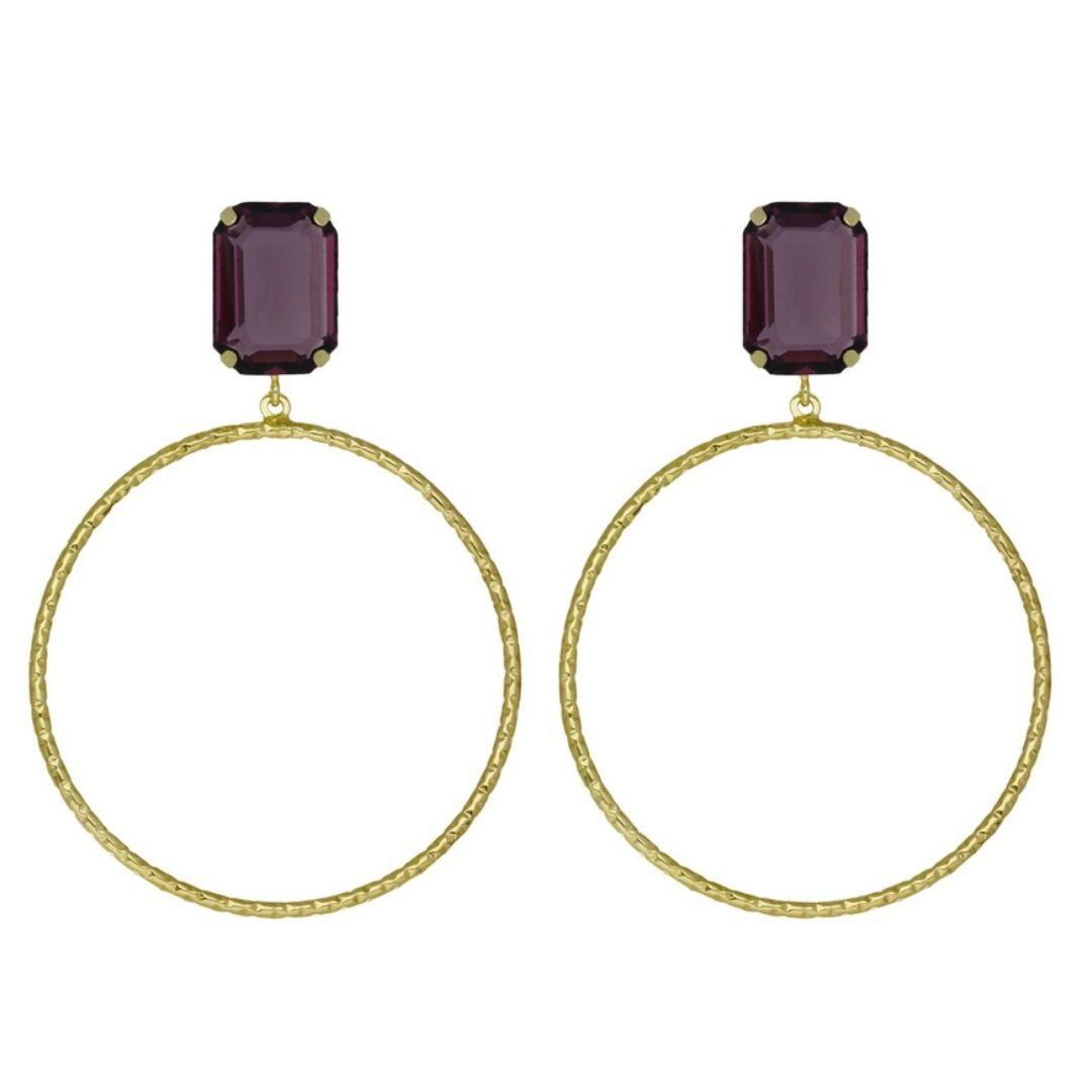 Pendientes Helena Rectángulo Amethyst & Aro Texturizado en Plata bañada en Oro 18K - V Cruz