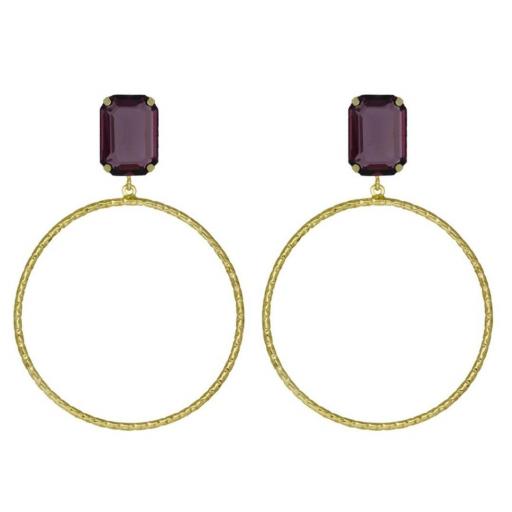 Pendientes Helena Rectángulo Amethyst & Aro Texturizado en Plata bañada en Oro 18K - V Cruz
