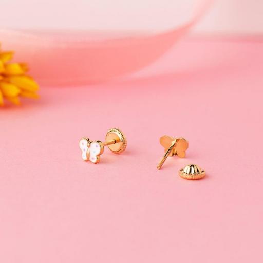 Pendientes Mariposa Esmaltada Oro 18K 6x4,5 mm para Bebé/Recién Nacida – Cierre de Rosca [1]