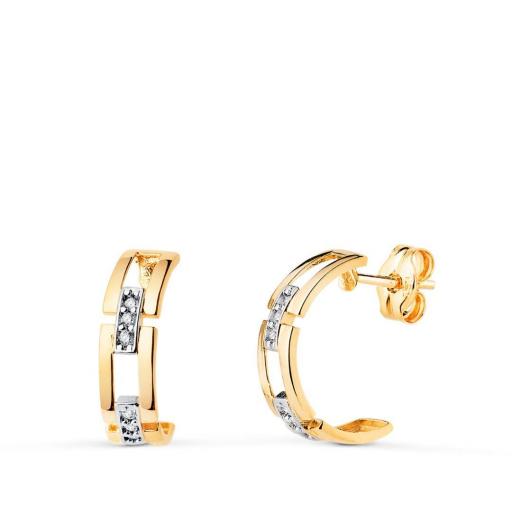 Pendientes Medio Aro Bicolor Oro 18K con Circonitas