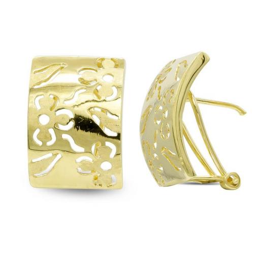 Pendientes Oro Amarillo 18K · Diseño Floral Calado y Acabado Liso