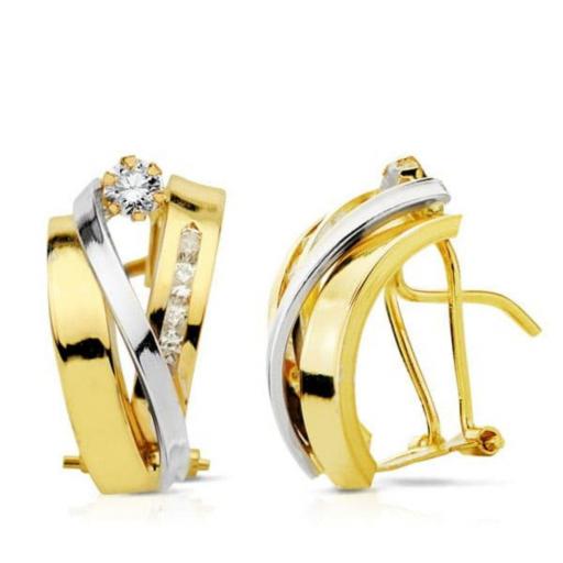 Pendientes Oro Bicolor 18K · Bandas con Circonitas y Cierre Omega