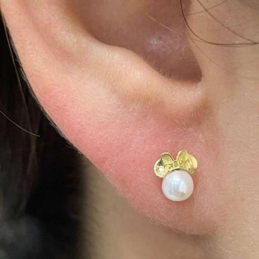 Pendientes Ratón con lazo de oro 18k con perla y rosca [1]