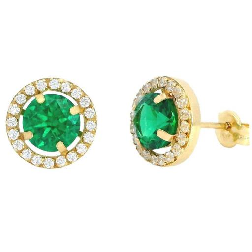 Pendientes Redondos de Oro 18K con Piedra Verde y Orla de Circonitas – 9 mm, Cierre a Presión