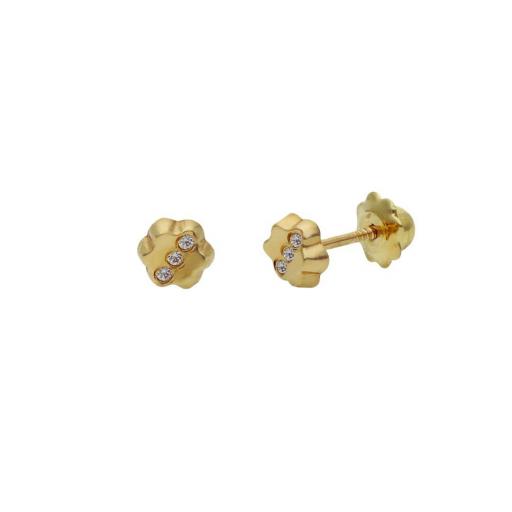 Pendientes para bebe de oro 18k flor con tres circonitas