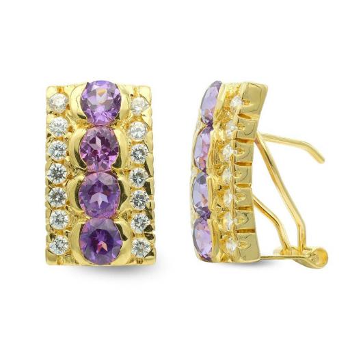 Pendientes de Oro 18K con Circonitas Blancas y Violetas – Cierre Omega 16x10 mm