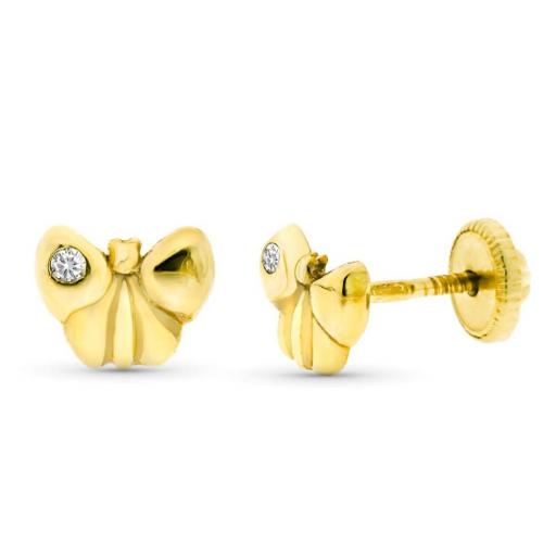 Pendientes de Oro Amarillo 9K Mariposa con Diamantes 0,016 ct – 6x5 mm para Bebé y Niña [0]