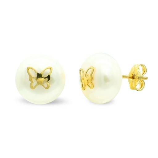 Pendientes de Oro Amarillo 9K Mariposa con Perla 9 mm – Elegantes y Femeninos [0]
