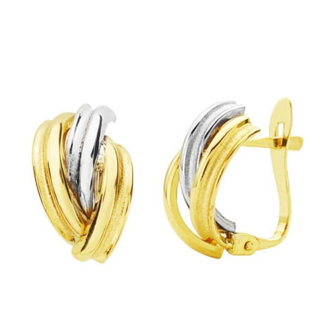 Pendientes de Oro Bicolor 18k – Diseño Entrelazado 13x8 mm con Cierre Catalán