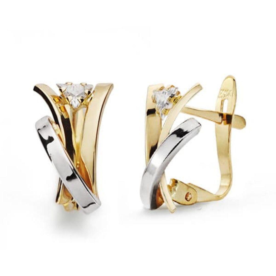 Pendientes de Oro Bicolor 18k con Circonita – Bandas Entrelazadas 12x7 mm