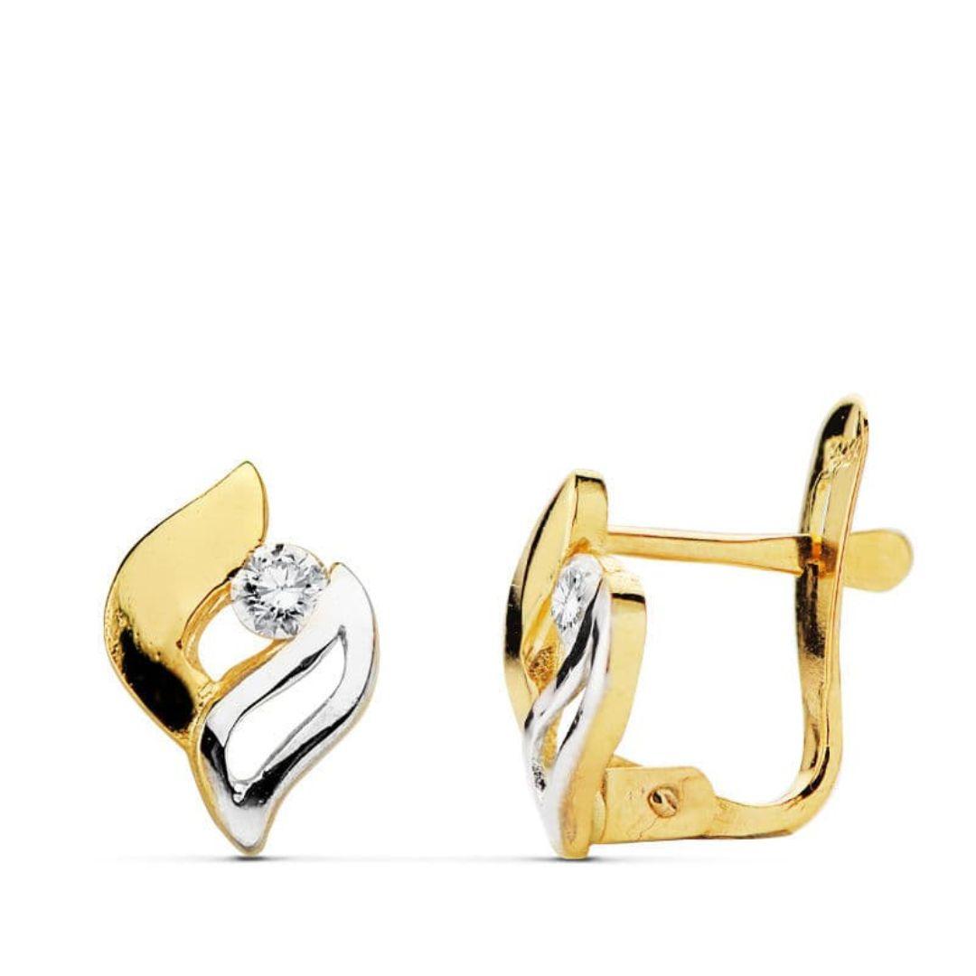 Pendientes de Oro Bicolor 18k con Circonita – Diseño Curvado 9x6 mm y Cierre Catalán