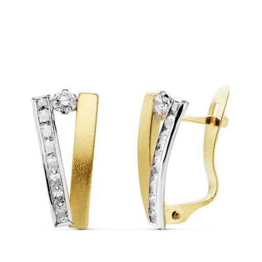 Pendientes de Oro Bicolor 18k con Circonitas – Diseño Moderno 13x6 mm y Cierre Catalán