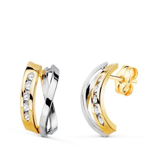 Pendientes de Oro Bicolor 18k con Circonitas – Bandas Cruzadas 16x7,5 mm