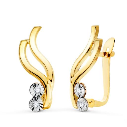 Pendientes de Oro Bicolor 18k con Circonitas – Diseño Curvado y Cierre Catalán