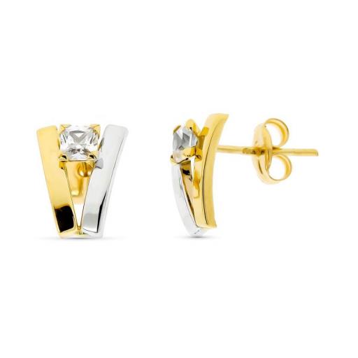 Pendientes de Oro Bicolor 9k con Circonita Central – Diseño Moderno y Cierre a Presión