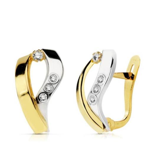 Pendientes de Oro Bicolor 9k con Circonitas – Bandas Cruzadas 15x8 mm