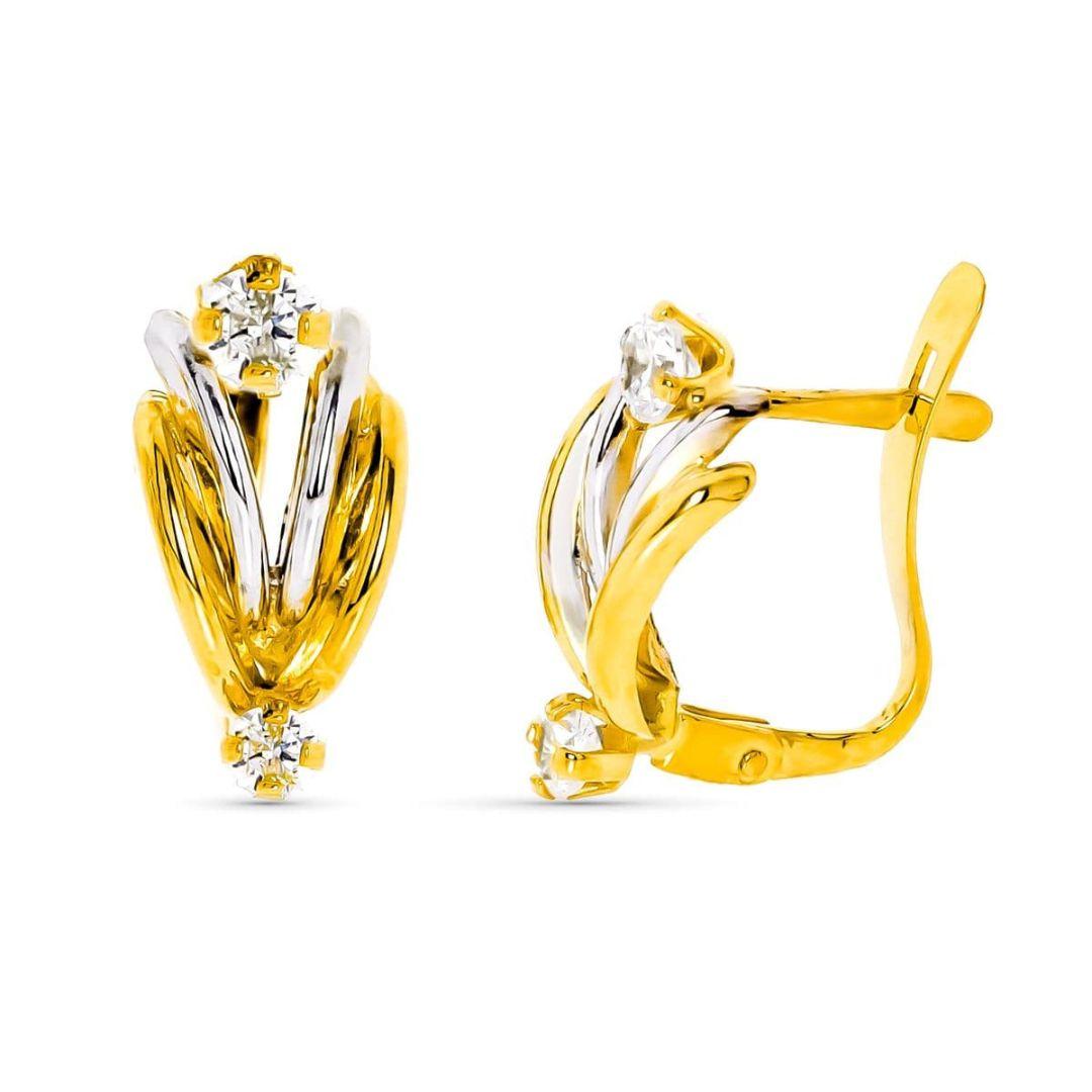 Pendientes de Oro Bicolor 9k con Circonitas – Bandas Cruzadas y Cierre Catalán