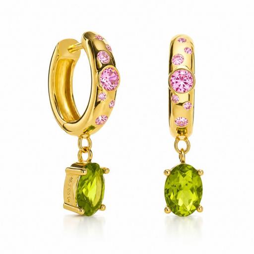 Pendientes de Plata Dorada con Cristales Rosas y Colgante Verde [0]