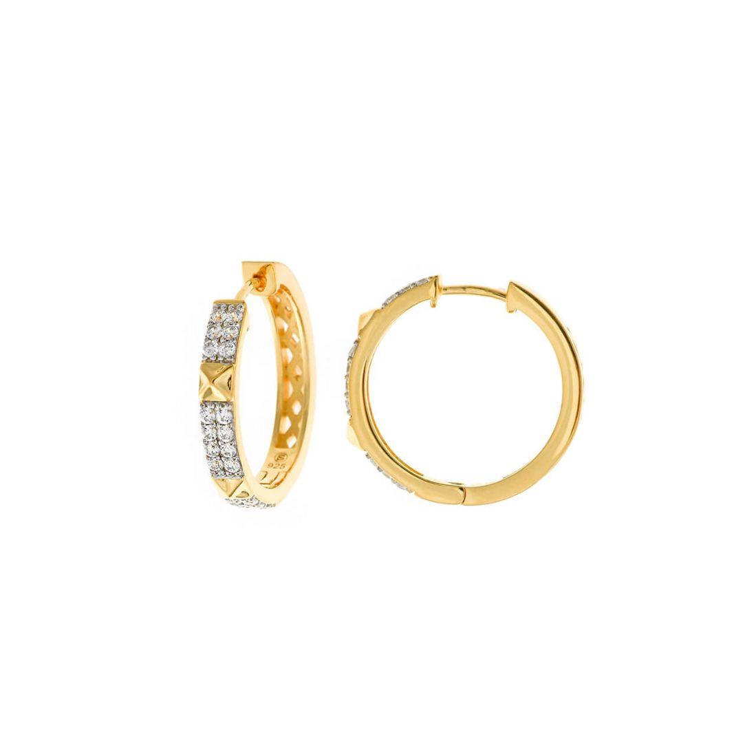 Pendientes Aros Plata baño oro con circonitas blancas y detalle piramidal Salvatore Plata