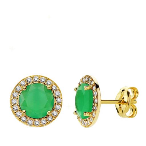 Pendientes de oro 18K con circonitas y piedra verde circular