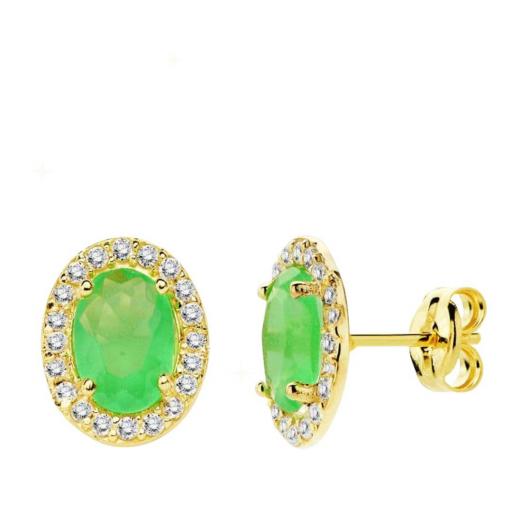 Pendientes de oro 18K con circonitas y piedra verde oval