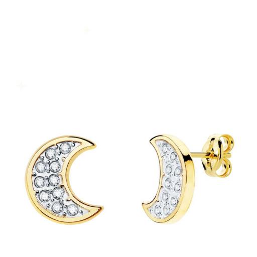 Pendientes de oro 18k bicolor en forma de luna con circonitas 