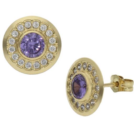 Pendientes de oro 18k con piedra violeta con circonitas blancas