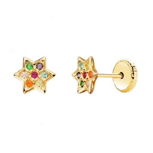 Pendientes de oro 18k en forma de flor con circonitas coloridas