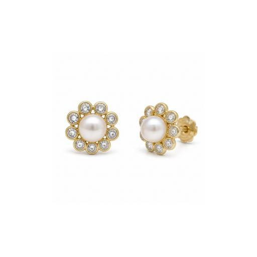 Pendientes de Oro 18k con Perla y Circonitas – Elegancia Delicada