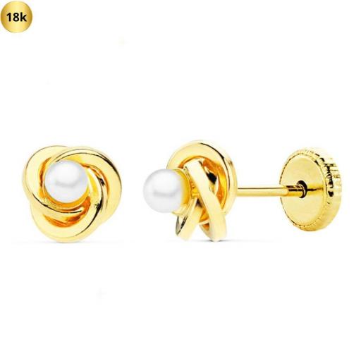 Pendientes de oro 18k nudo con perla con rosca