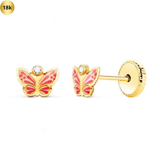 Pendientes de oro 18k mariposa esmaltada con rosca para niña