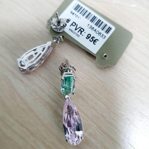 Pendientes de plata largos con cristal rosa verde tono cristalinos Salvatore 136A0633 [2]