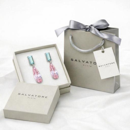 Pendientes de plata largos con cristal rosa verde tono cristalinos Salvatore 136A0633 [1]