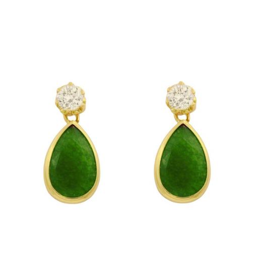 Pendientes en forma de gota verde y una circonita blanca de oro 18k