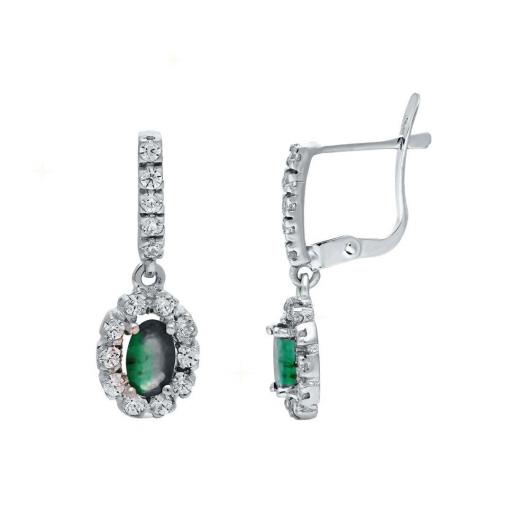 Pendientes finos de oro bicolor 18K con circonitas y piedra verde