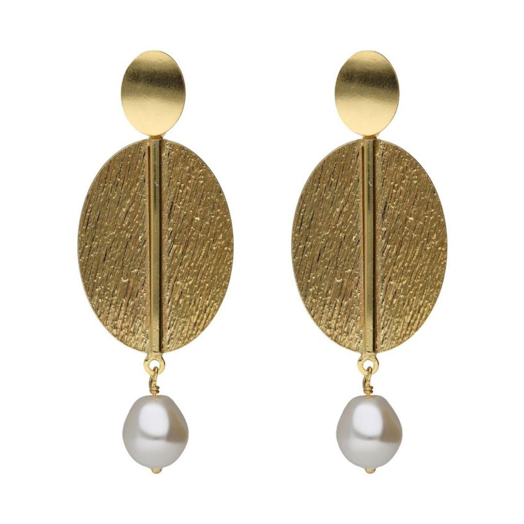 Pendientes oval textura con perla barroca en Plata 925 baño Oro 18kt – Victoria Cruz